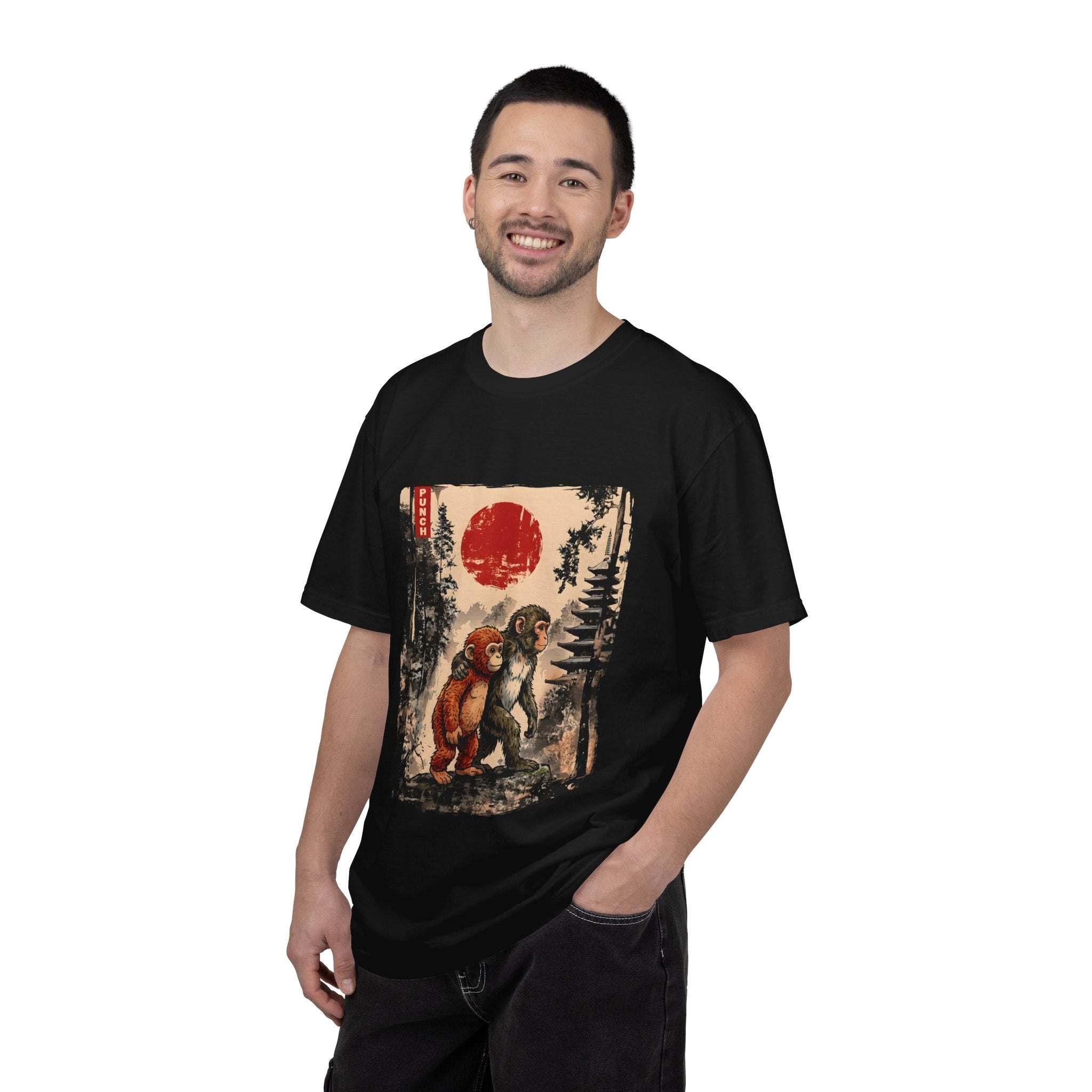 Kawaii Monkey Shirt with Japanese Ukiyoe style print of bears in misty forest under red sun on heavyweight garment-dyed cotton tee