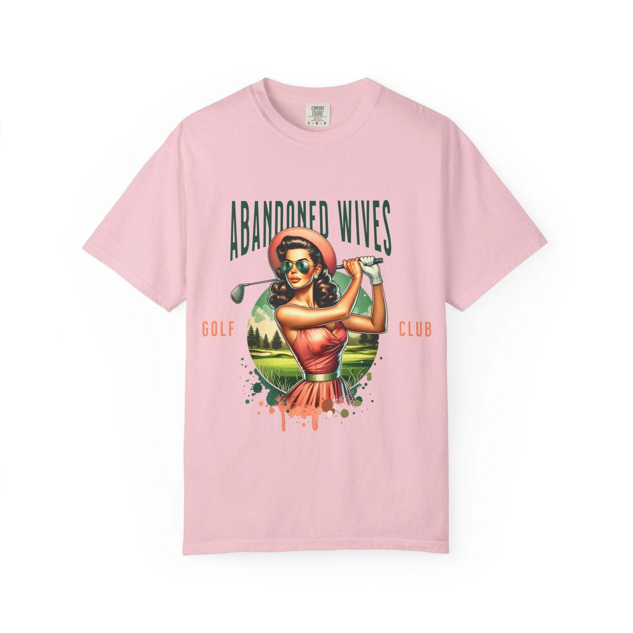 Vintage unisex t-shirt with Abandoned Wives Golf Club retro design on pink cotton fabric