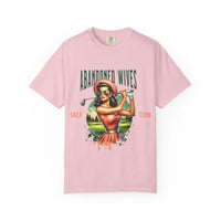Vintage unisex t-shirt with Abandoned Wives Golf Club retro design on pink cotton fabric