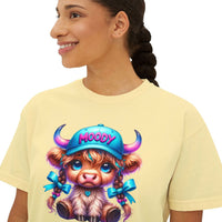 Women's boxy tee with moody girl highland cow graphic, vintage pigment dye, casual fit