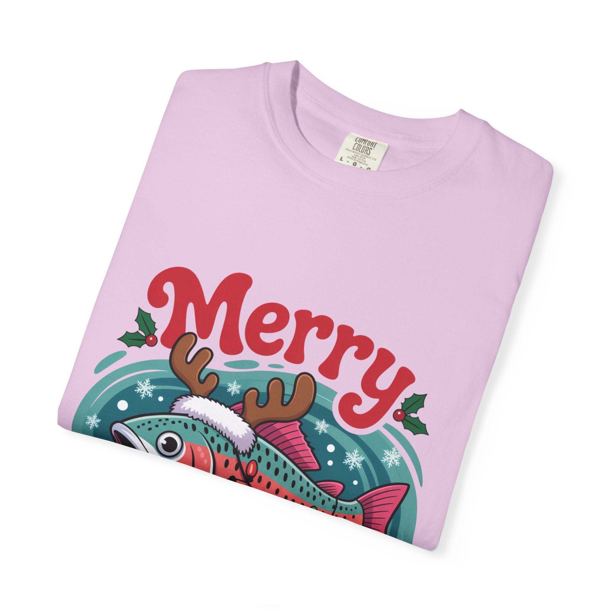 True Navy garment-dyed t-shirt featuring Merry Fishmas design for fishermen, by Printify