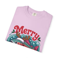 True Navy garment-dyed t-shirt featuring Merry Fishmas design for fishermen, by Printify
