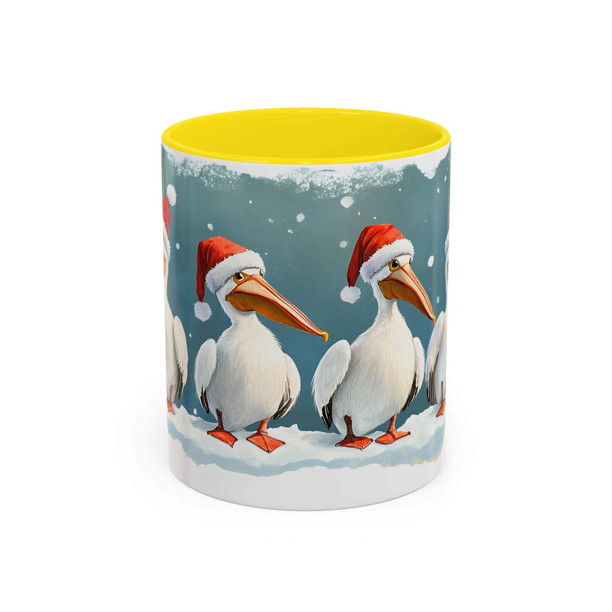Mug with pelican design wearing Santa hats on a snowy background