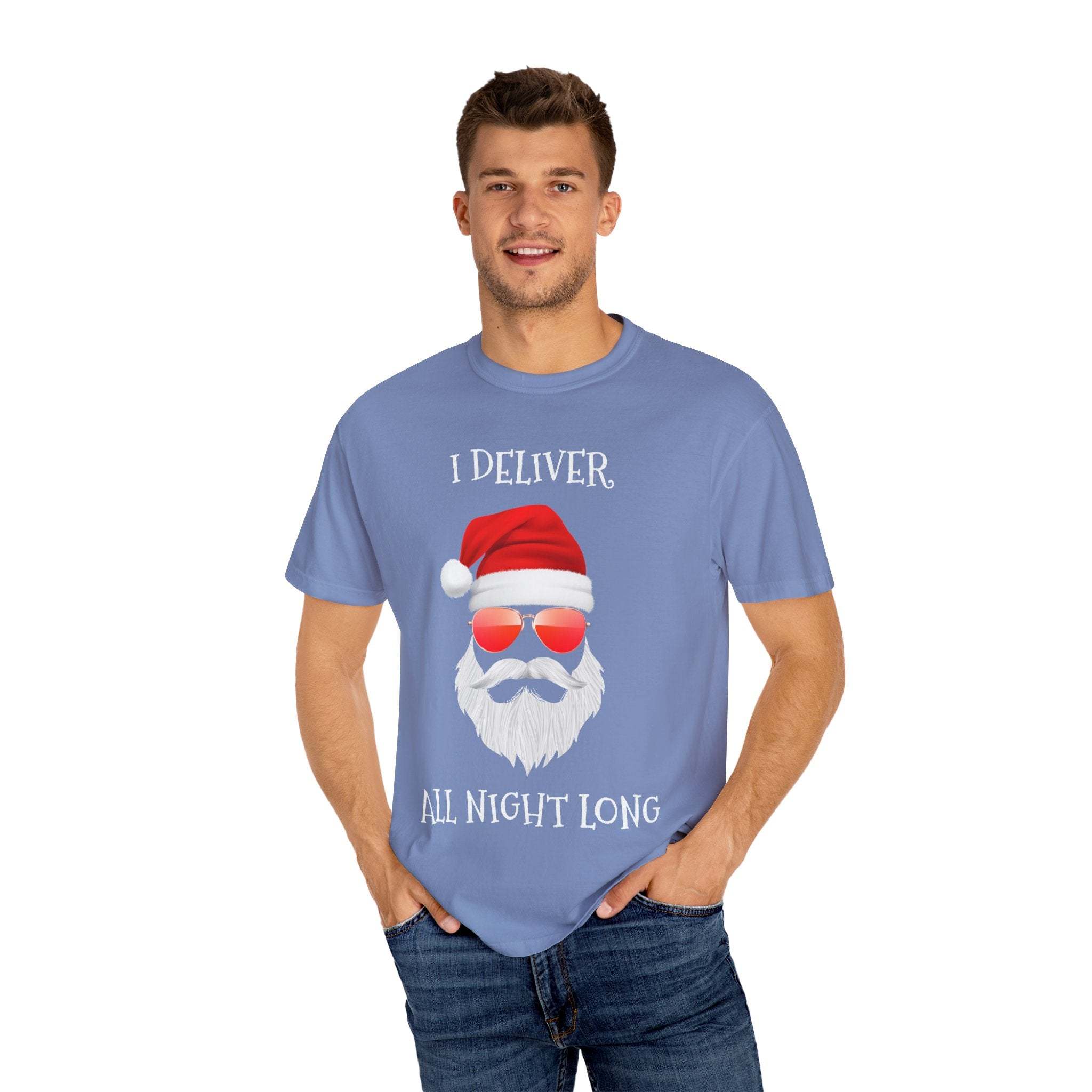Espresso cotton t-shirt featuring 'Santa I Deliver All Night Long' print, holiday-themed design by Printify