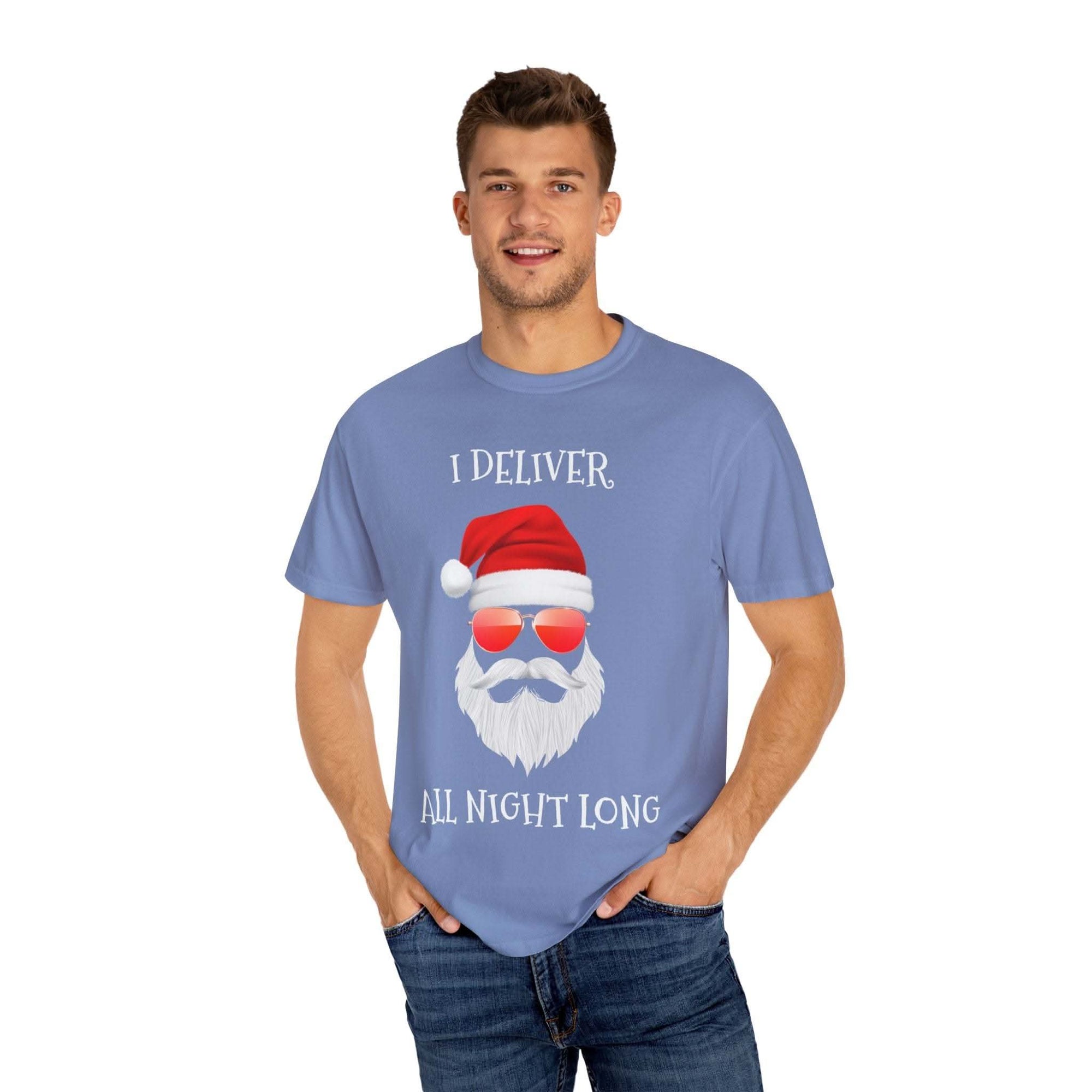 Espresso cotton t-shirt featuring 'Santa I Deliver All Night Long' print, holiday-themed design by Printify
