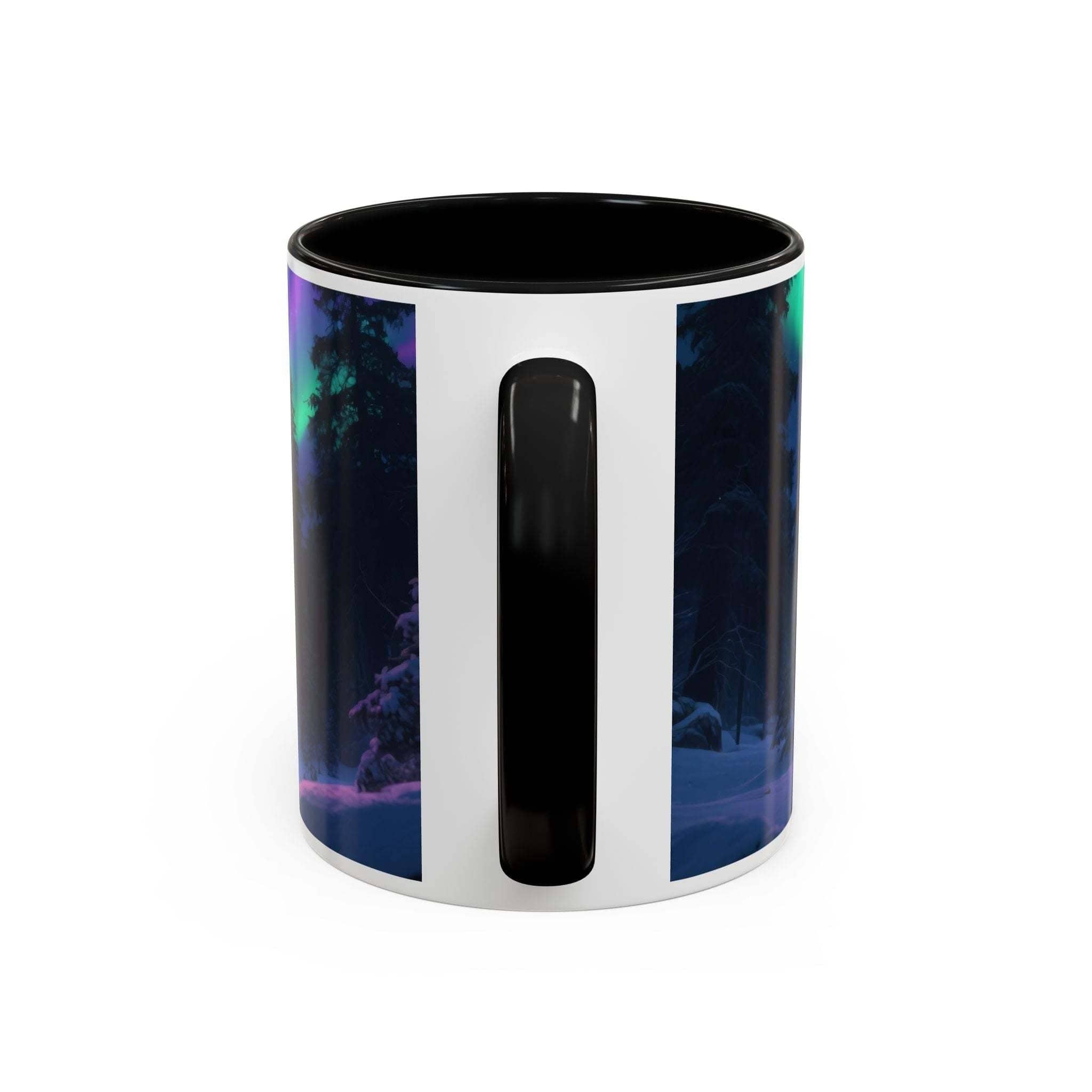 Mug with black interior and handle, featuring a colorful abstract design on the exterior.