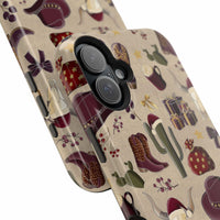 Cowboy Christmas design phone case for iPhone 17 in glossy finish by Printify, featuring festive colors and patterns.