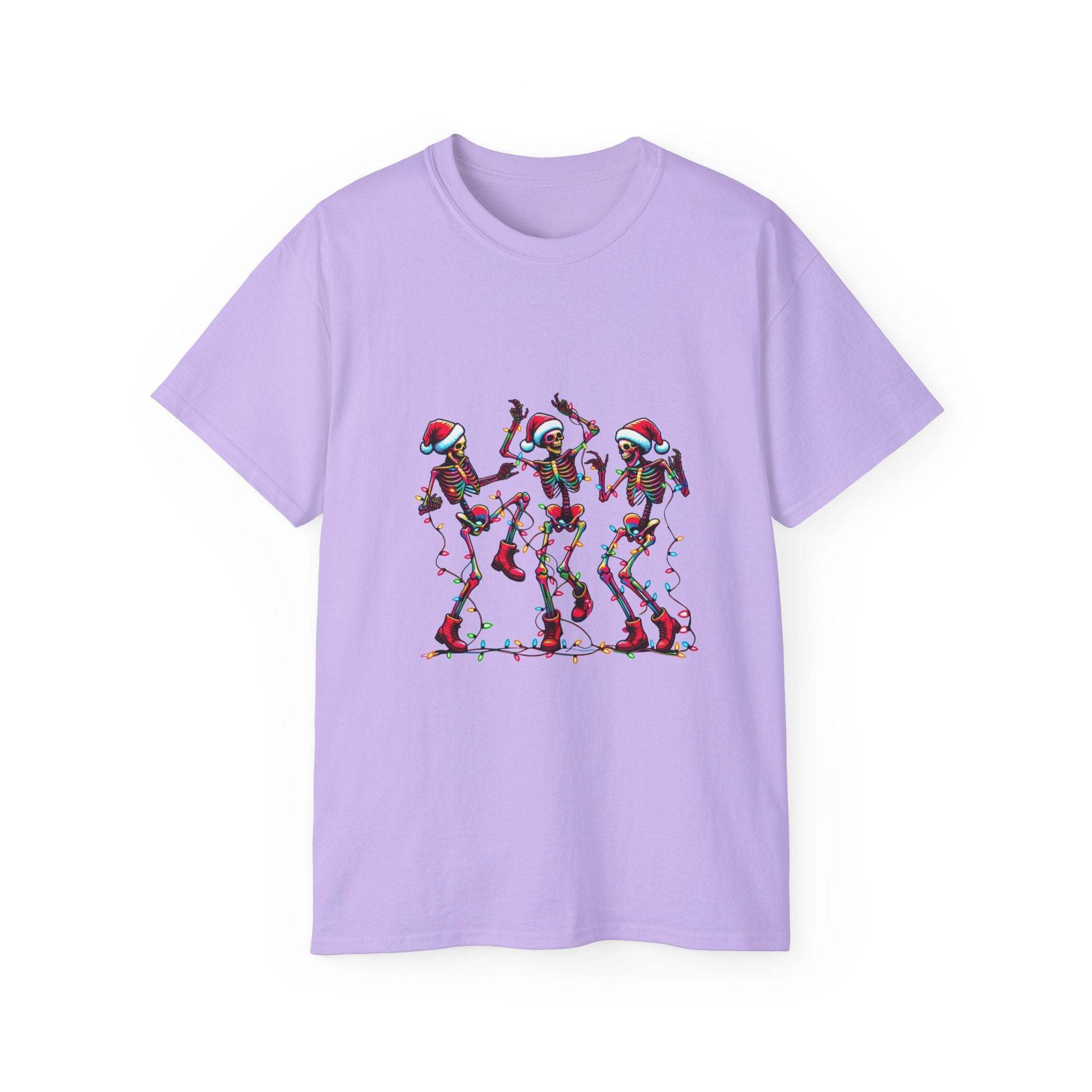 White Christmas Dancing Skeletons t-shirt by Printify, festive design perfect for holiday celebrations