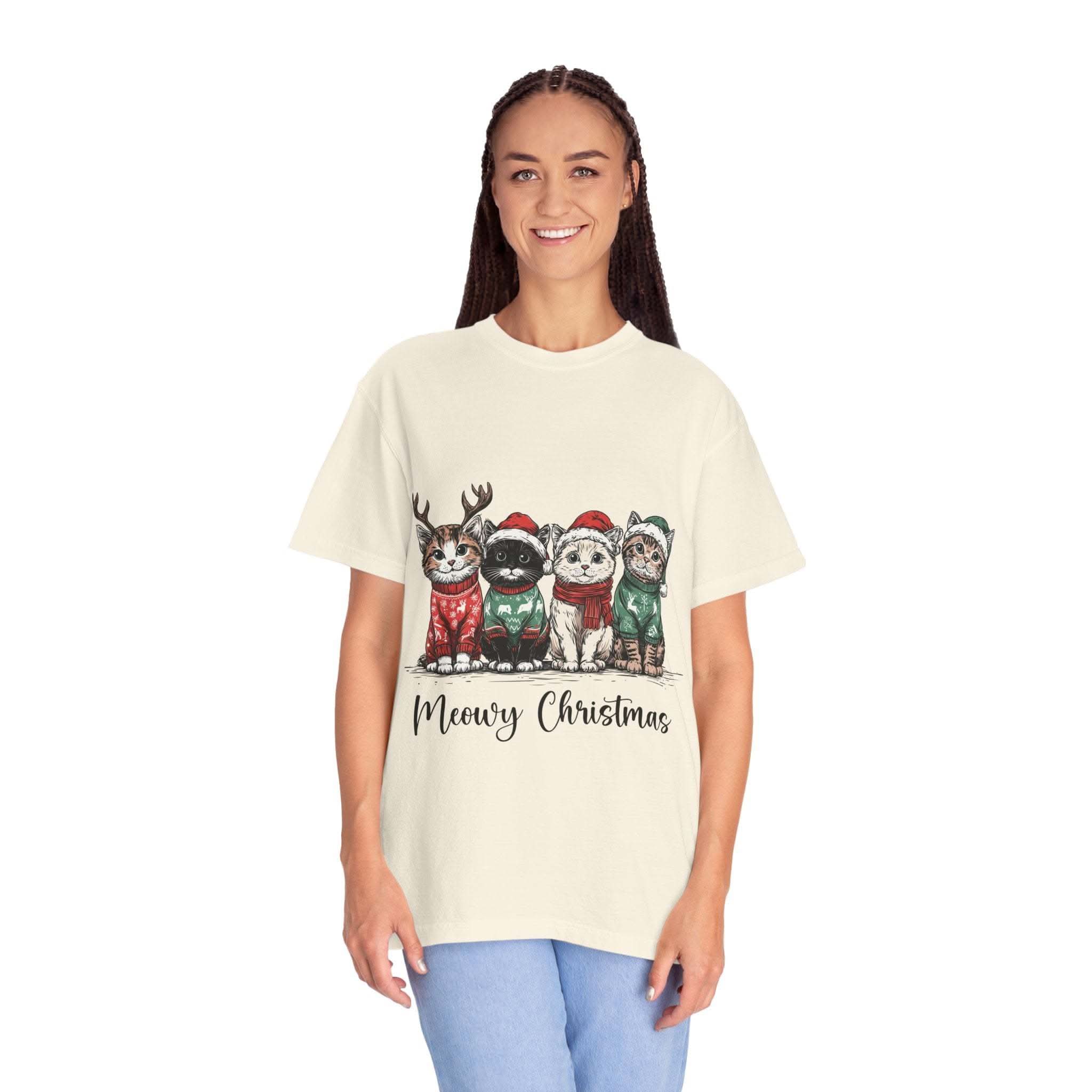 Bay Cat Lover T-shirt with Meowy Christmas design from Printify, perfect festive gift for cat enthusiasts.