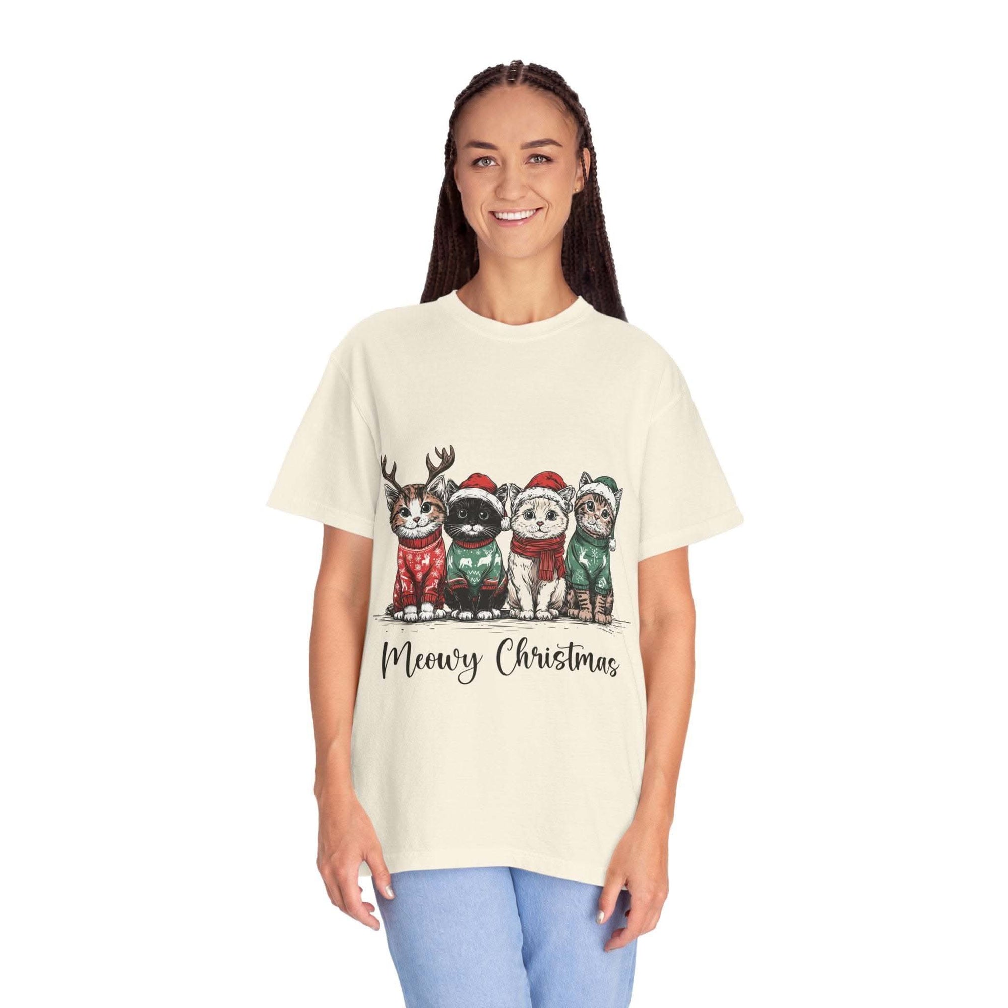 Bay Cat Lover T-shirt with Meowy Christmas design from Printify, perfect festive gift for cat enthusiasts.