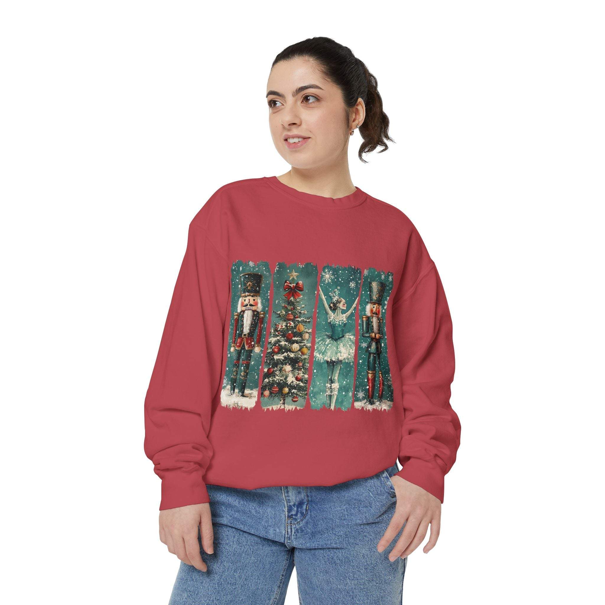 Woman wearing vintage Christmas nutcracker sweatshirt with nutcracker and Christmas tree design