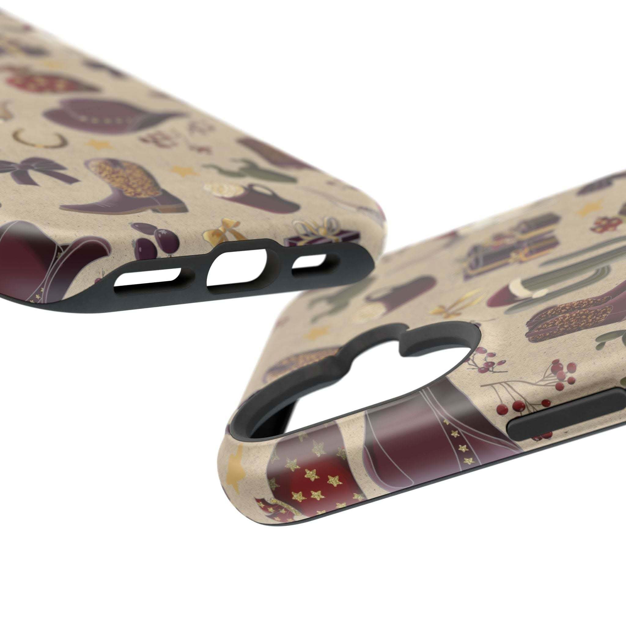 Cowboy Christmas design phone case for iPhone 17 in glossy finish by Printify, featuring festive colors and patterns.