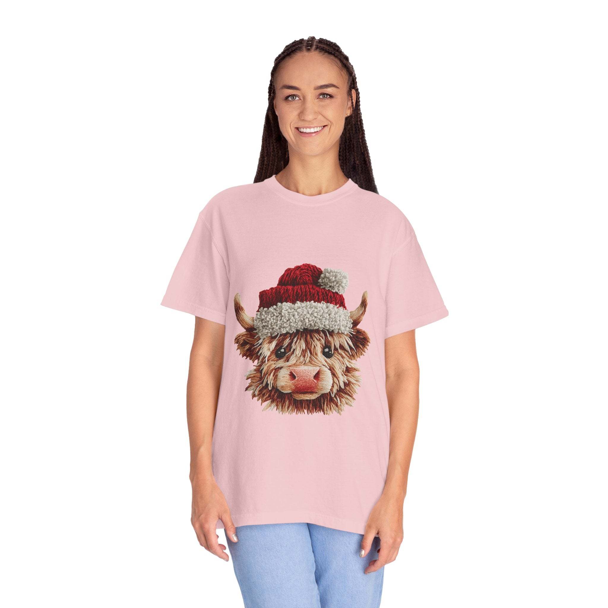 Black t-shirt featuring faux crochet yarn Highland cow Santa print by Printify, perfect for cozy Christmas wear.
