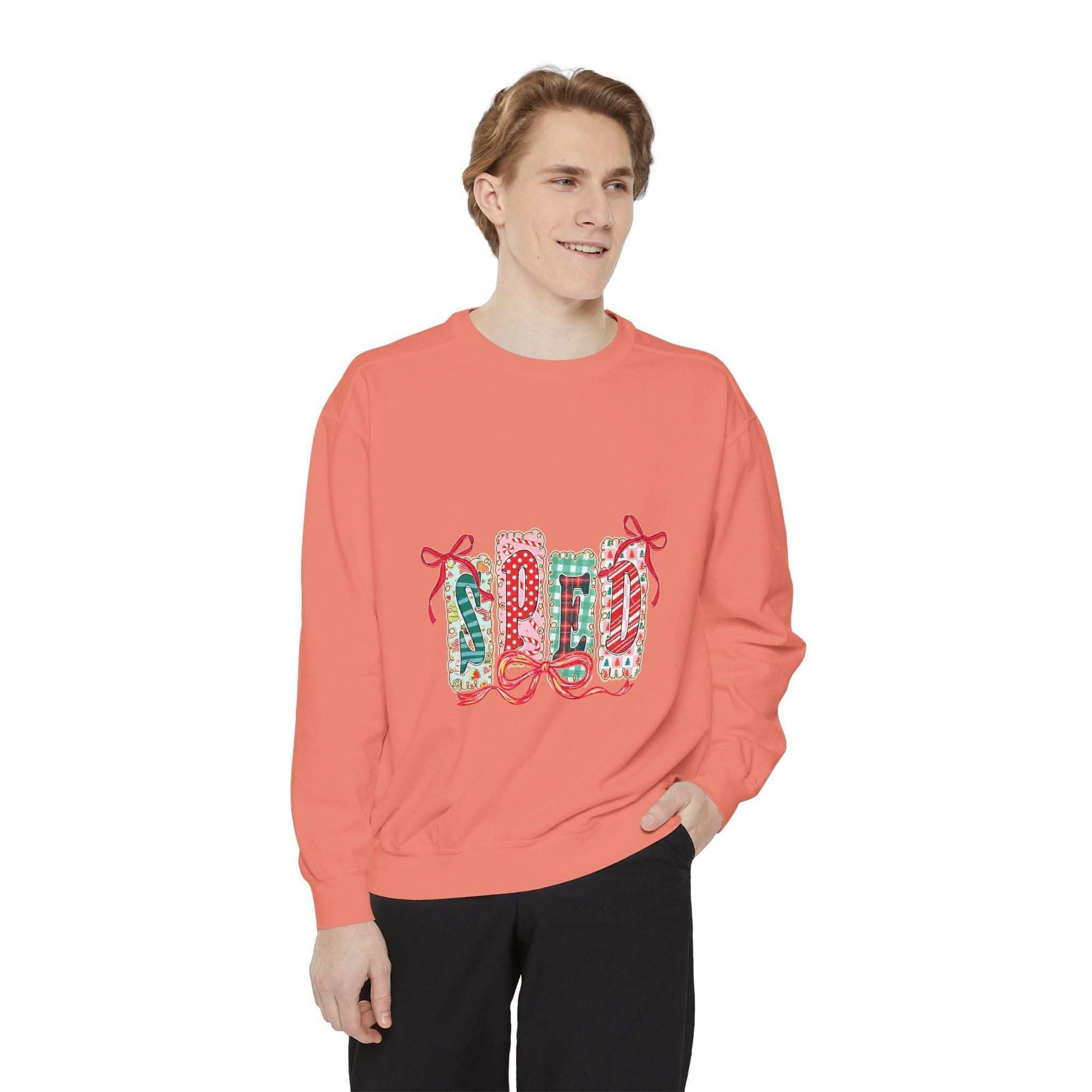 Pepper garment-dyed sweatshirt for preppy SPED teachers, featuring a festive Christmas design by Printify