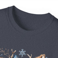 White t-shirt with retro patchwork reindeer design wearing blue scarf and surrounded by snowflakes