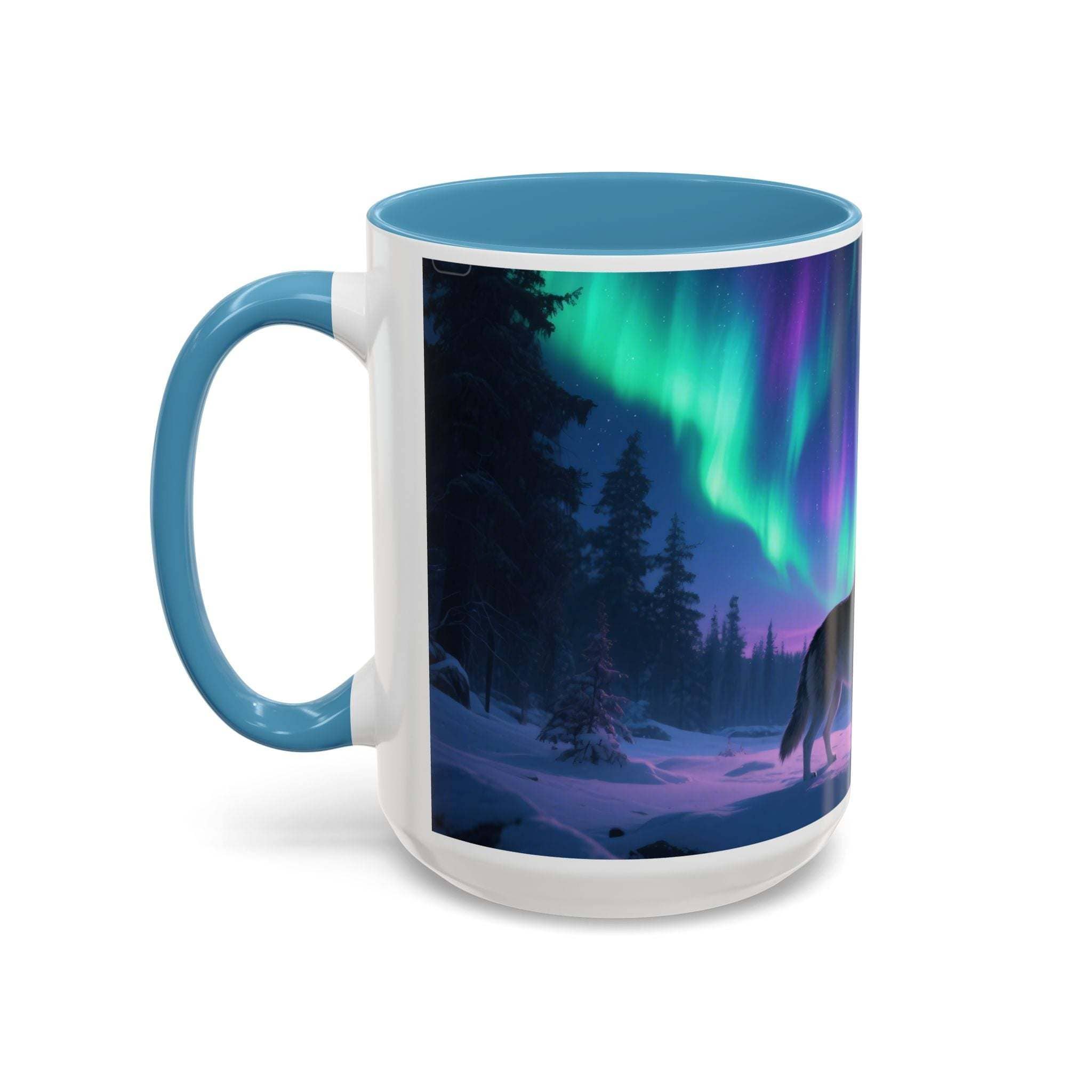 Mug with a design of the Northern Lights over a forest and bear, on a white background.