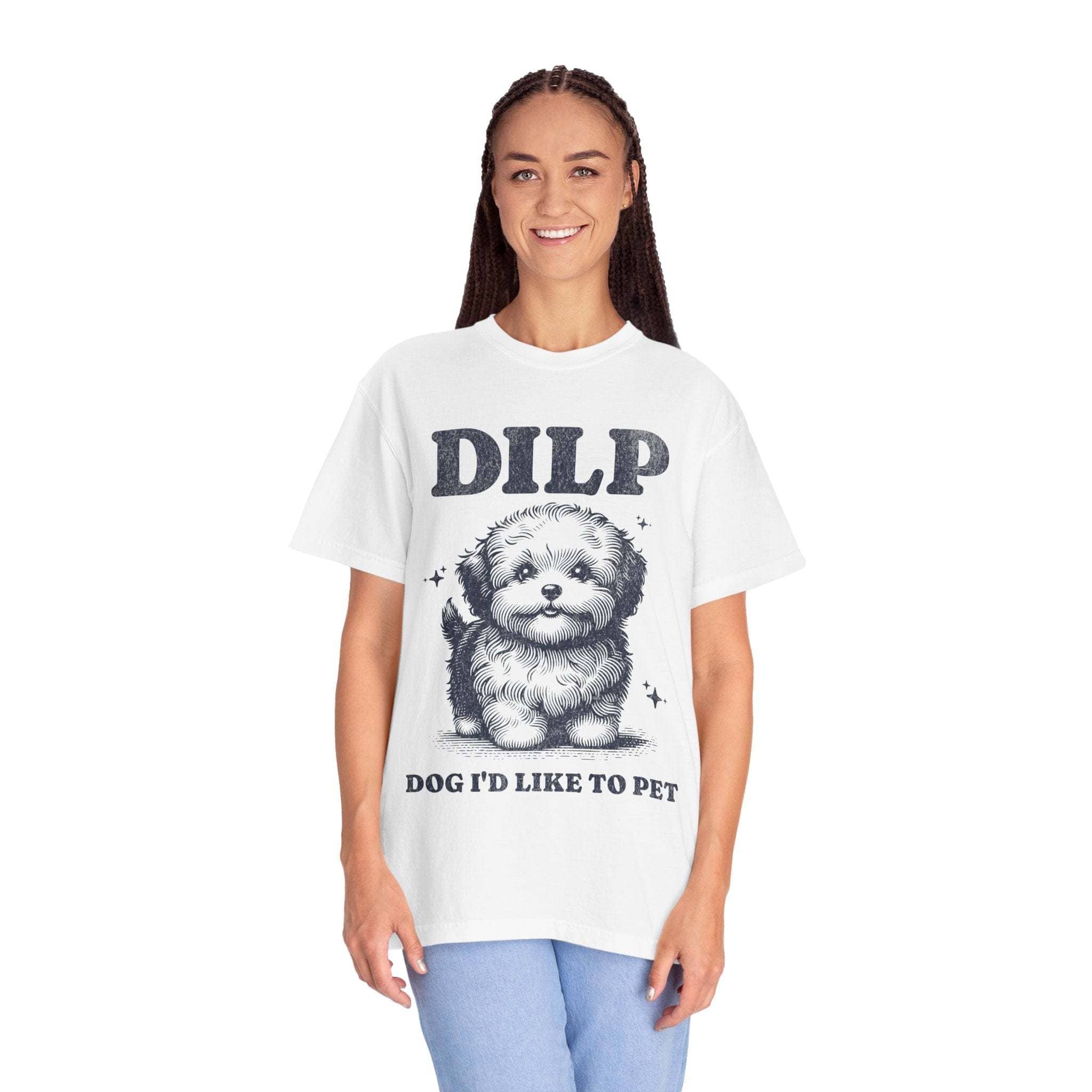 Woman wearing white garment-dyed T-shirt with DILP dog graphic and "Dog I'd Like To Pet" text