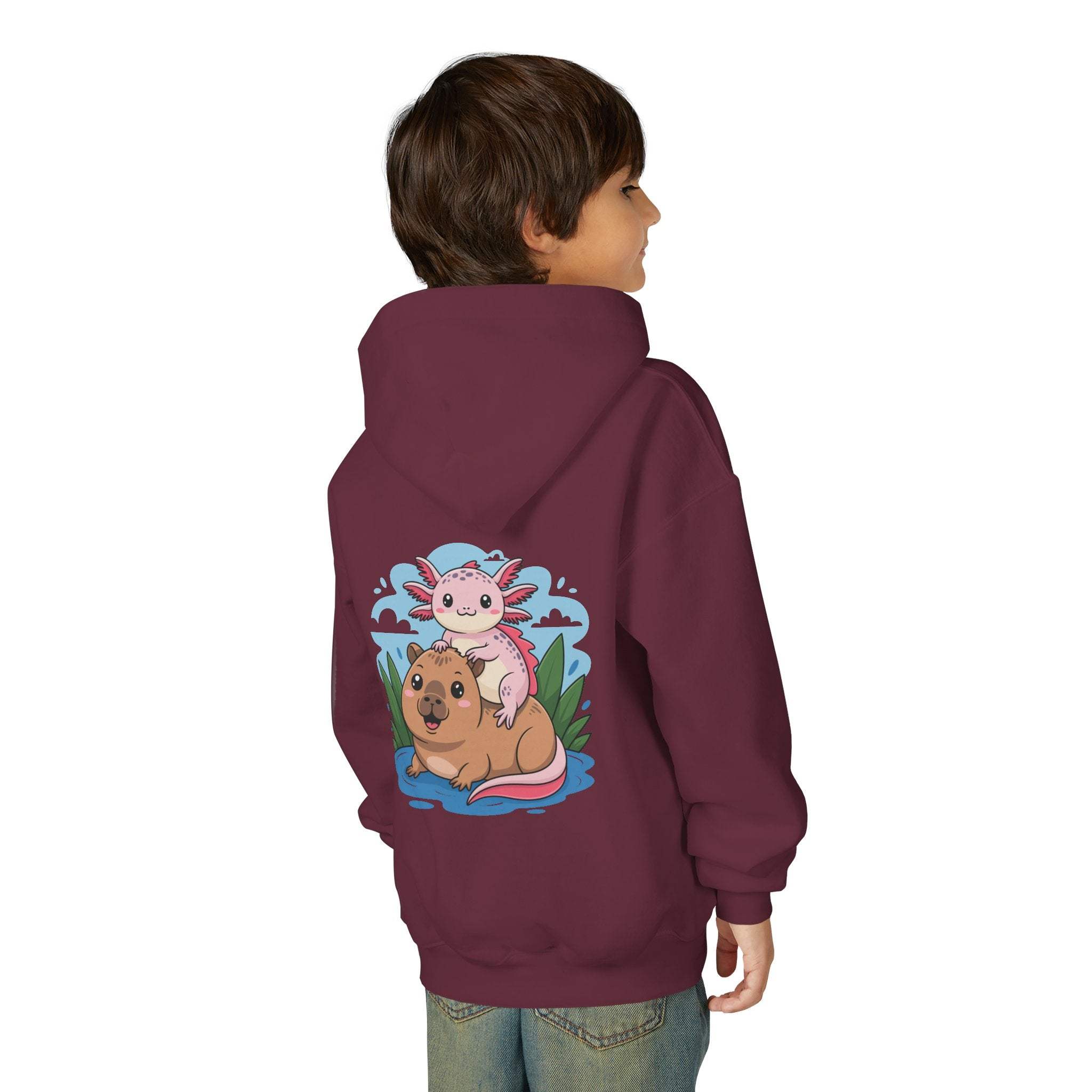 Youth hoodie with playful axolotl and capybara design in soft cotton-poly blend sweatshirt