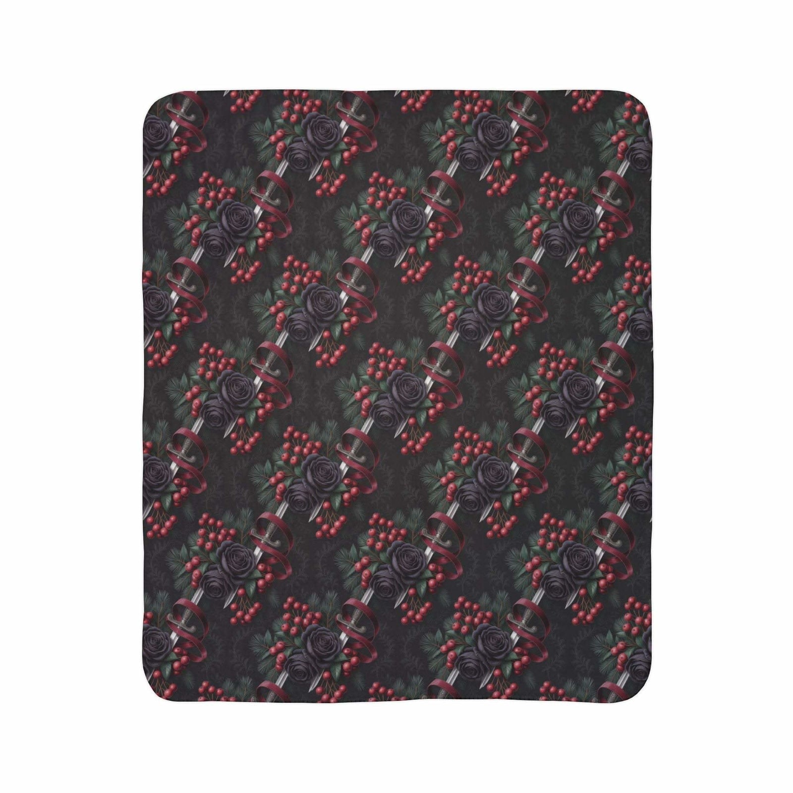Gothic fleece sherpa blanket with black roses and silver daggers design