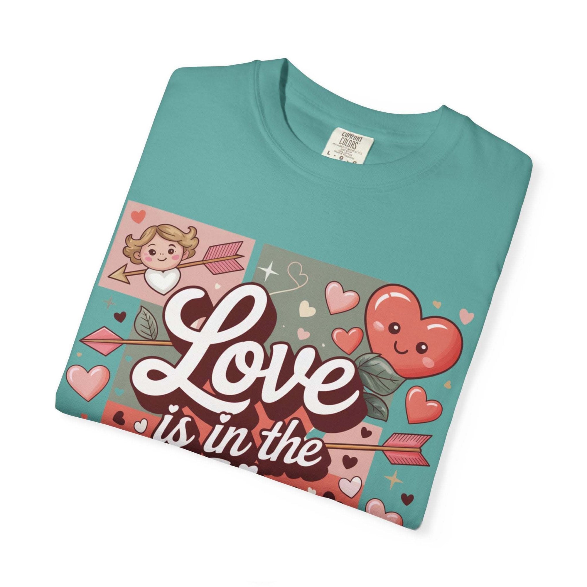 Valentine's relaxed vintage tee with Love Is in the Air hearts collage design