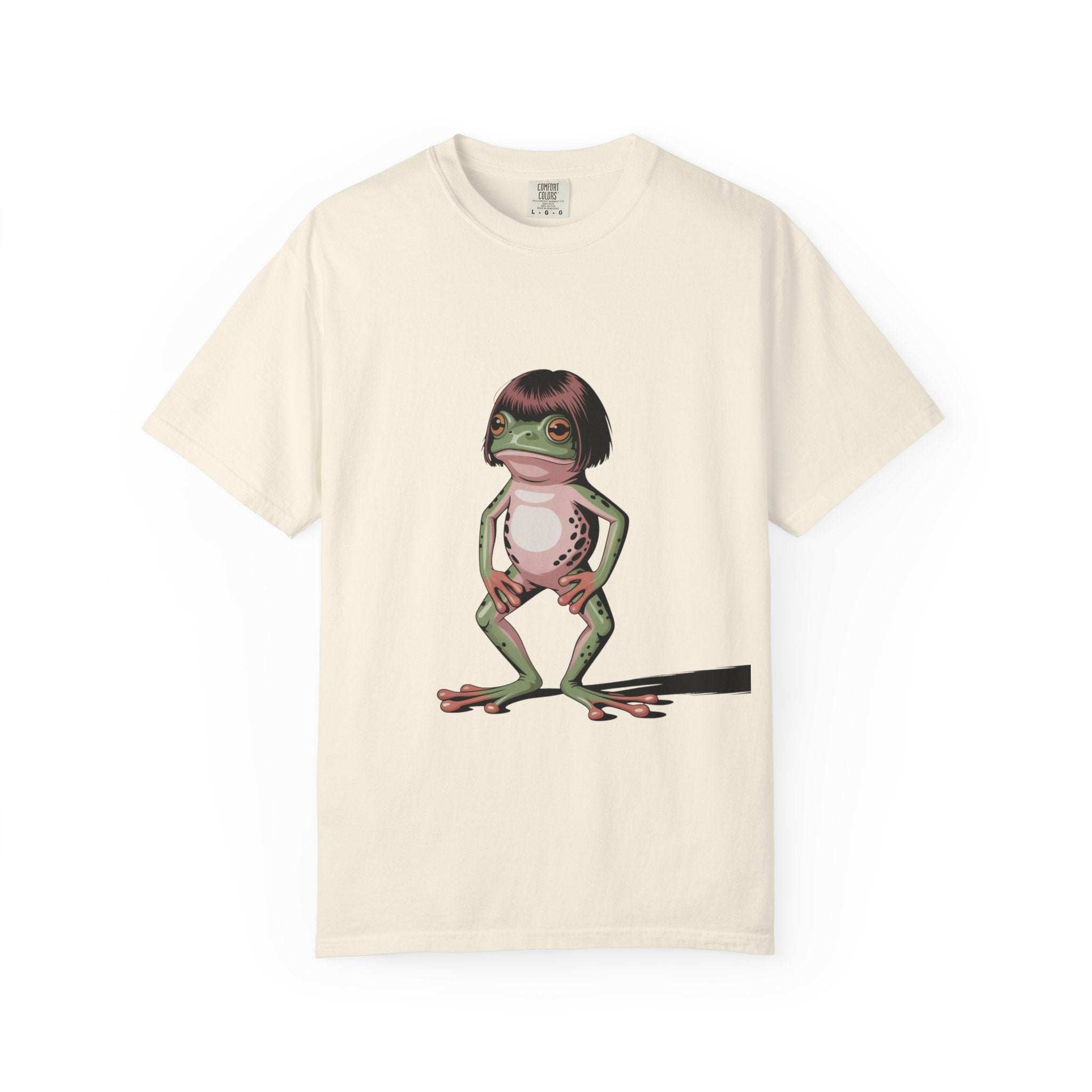 Cream t-shirt featuring a frog with bob haircut meme illustration
