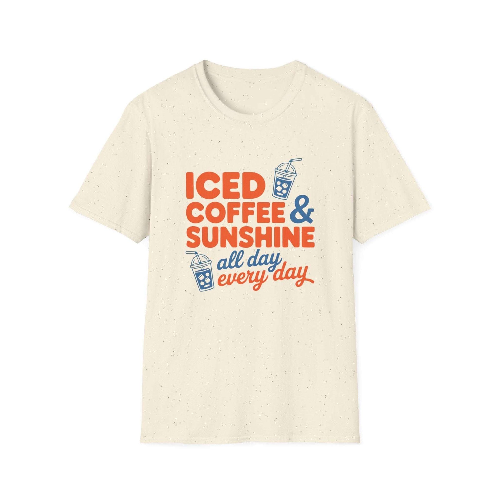 Iced Coffee & Sunshine casual summer graphic T-shirt with playful iced coffee cup design