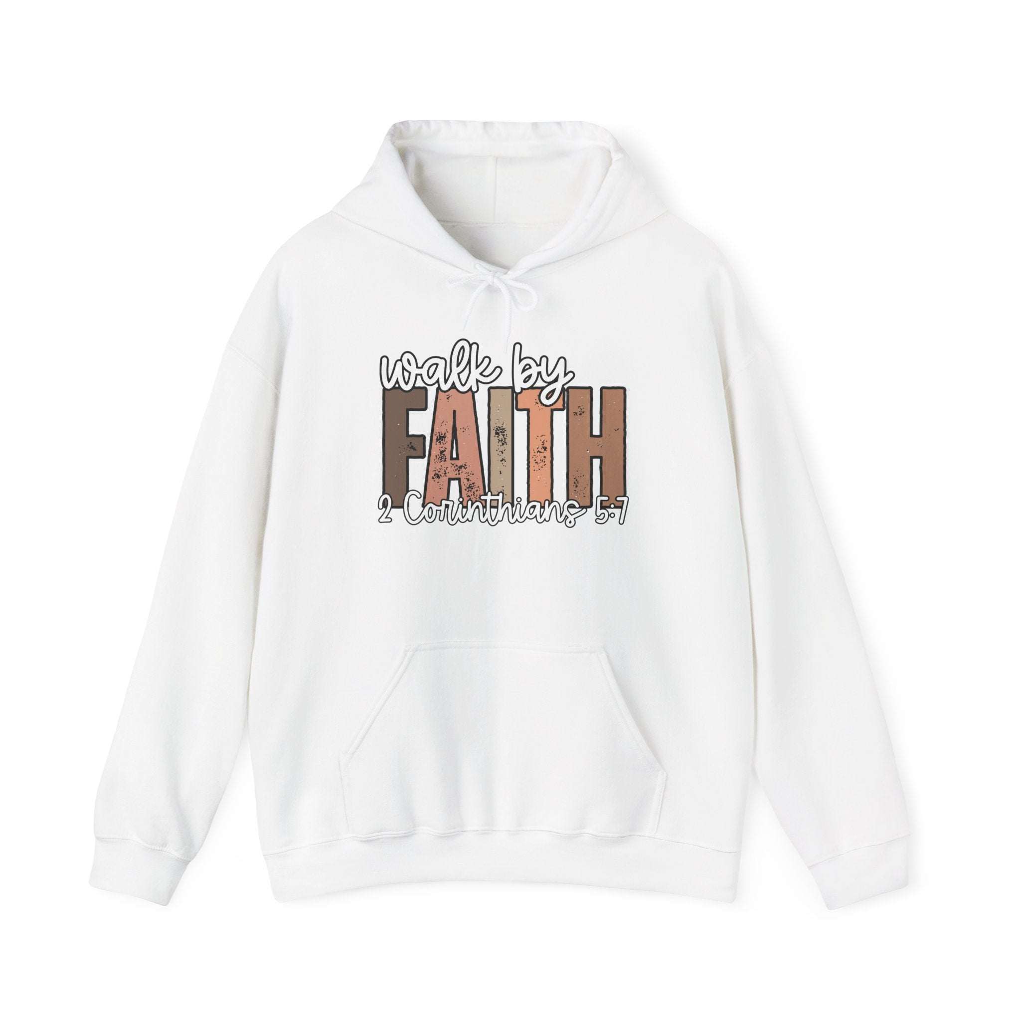 White Faith Over Fear Hoodie with "Walk by Faith" inspirational Christian text and kangaroo pocket