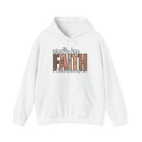 White Faith Over Fear Hoodie with "Walk by Faith" inspirational Christian text and kangaroo pocket