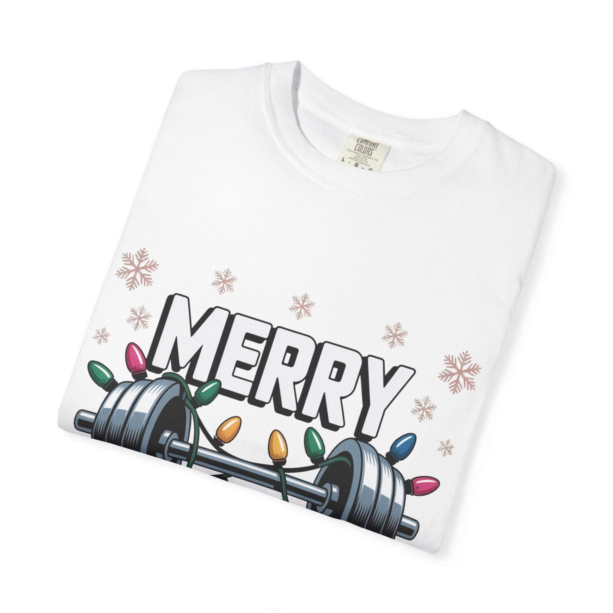 White Christmas Workout T-shirt with Merry Liftmas design featuring a barbell wrapped in colorful Christmas lights and snowflakes