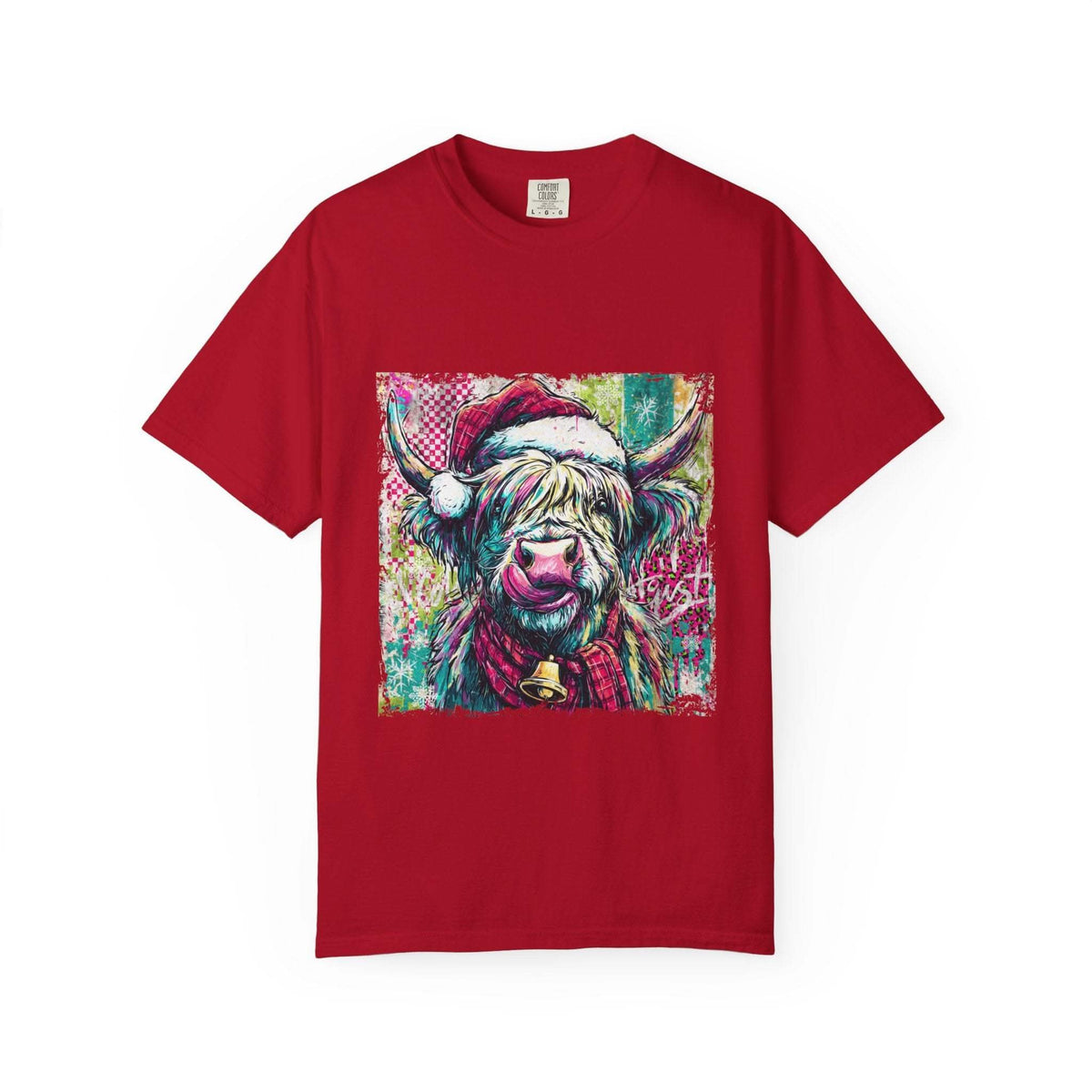 Retro Santa Highland Cow graphic on green cotton T-shirt