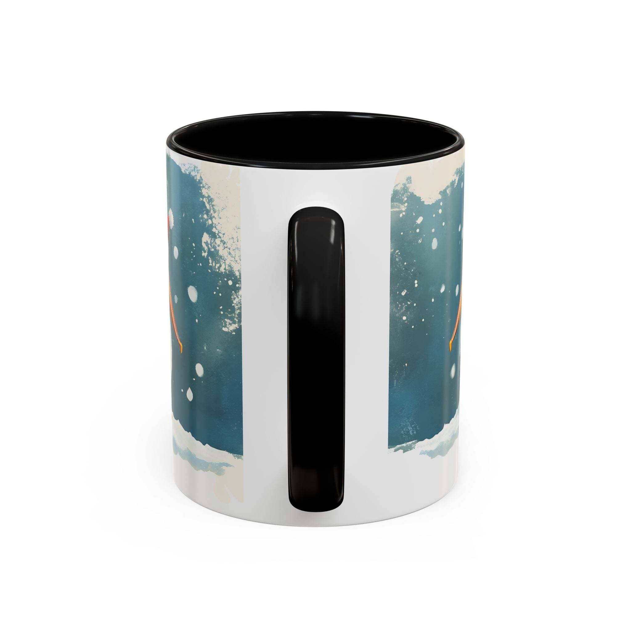 Mug with a black interior and handle, featuring abstract designs on the exterior.