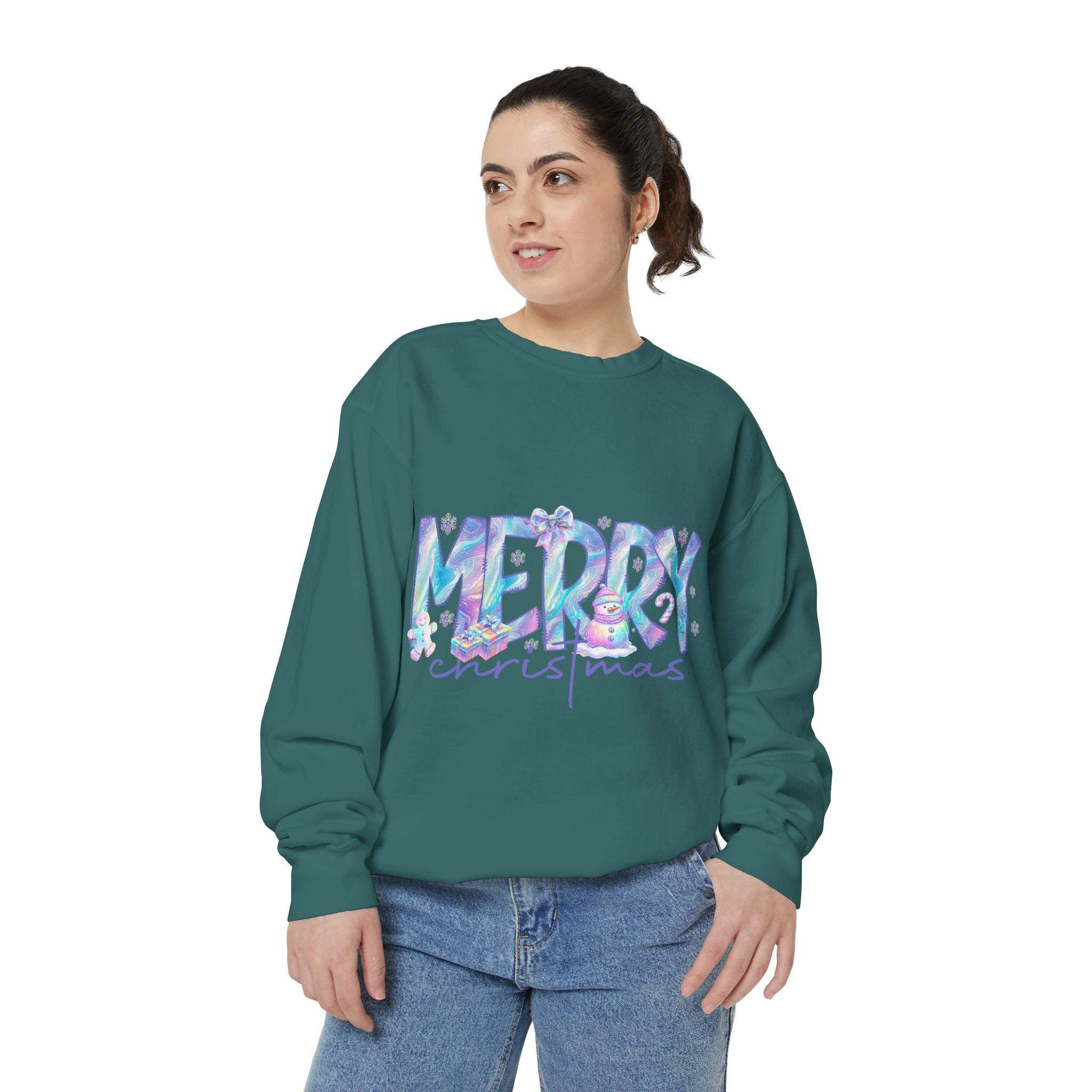 Ultra-Soft Iridescent Merry Christmas Sweatshirt – Cozy Glow Comfort for the Holidays