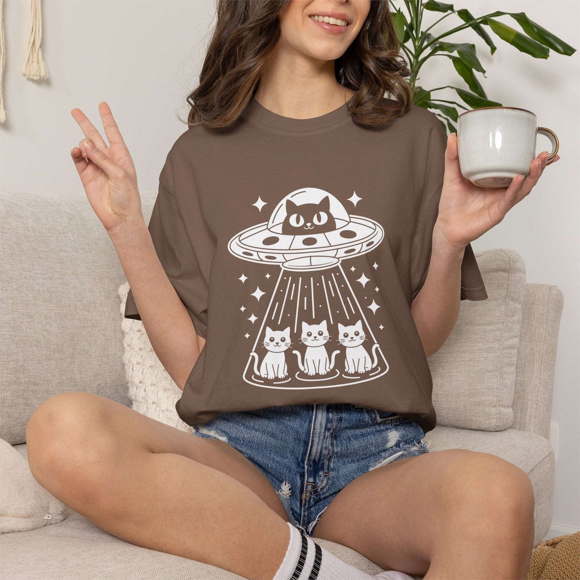 Surreal Cat UFO Abduction T-Shirt | Weirdcore Alien Graphic Tee | Comfort Colors Extraterrestrial Top