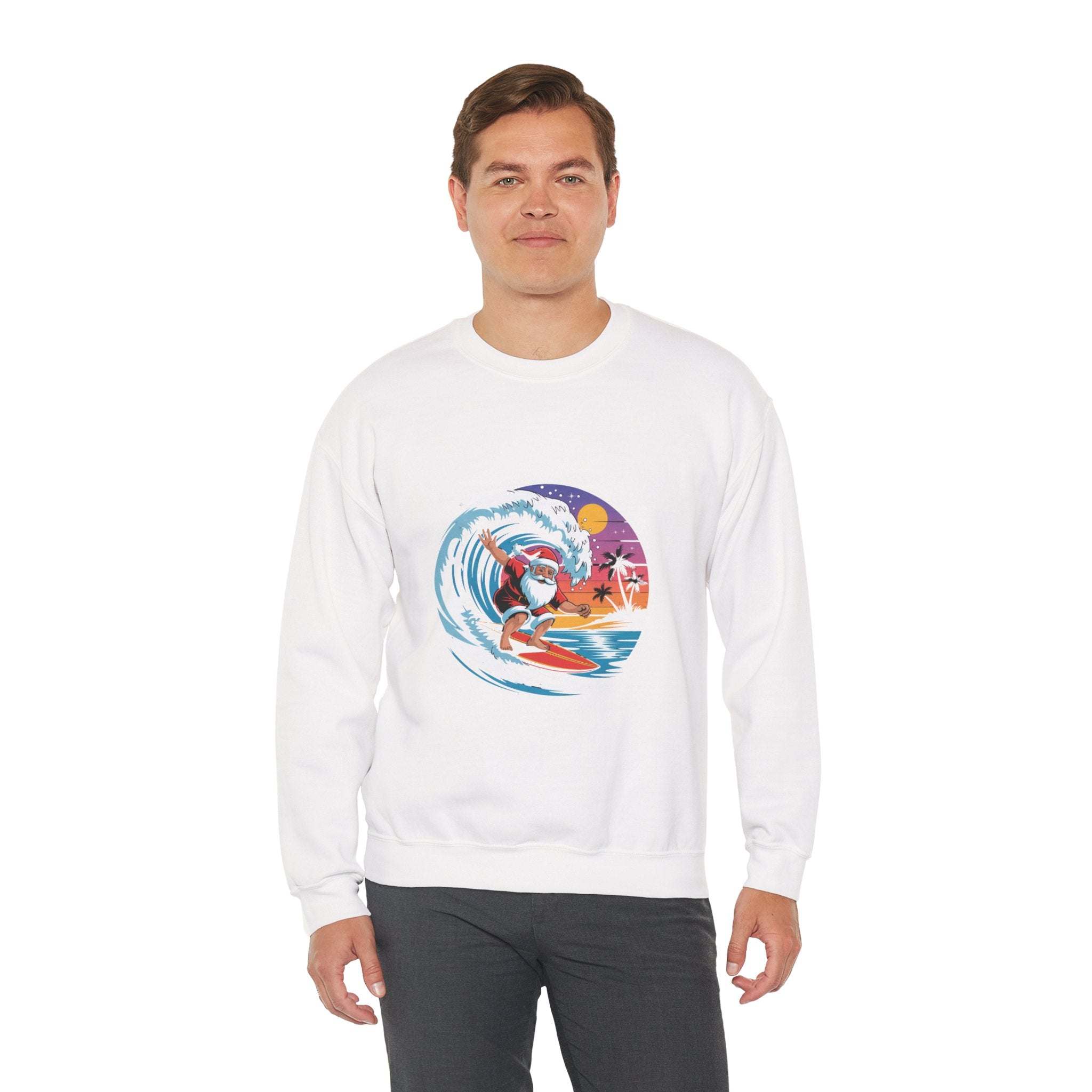 Navy Santa sweatshirt featuring a surfing design, perfect for holiday beachwear by Printify.