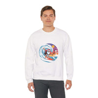 Navy Santa sweatshirt featuring a surfing design, perfect for holiday beachwear by Printify.