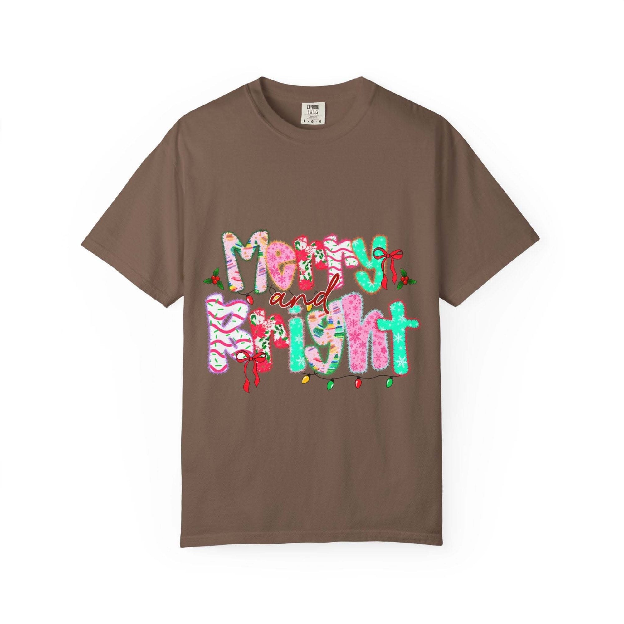 Merry and Bright T-shirt with colorful holiday design on brown cotton fabric