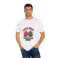 Red Christmas Spirit T-shirt with bold "Balls Deep In Christmas Spirit" humorous text