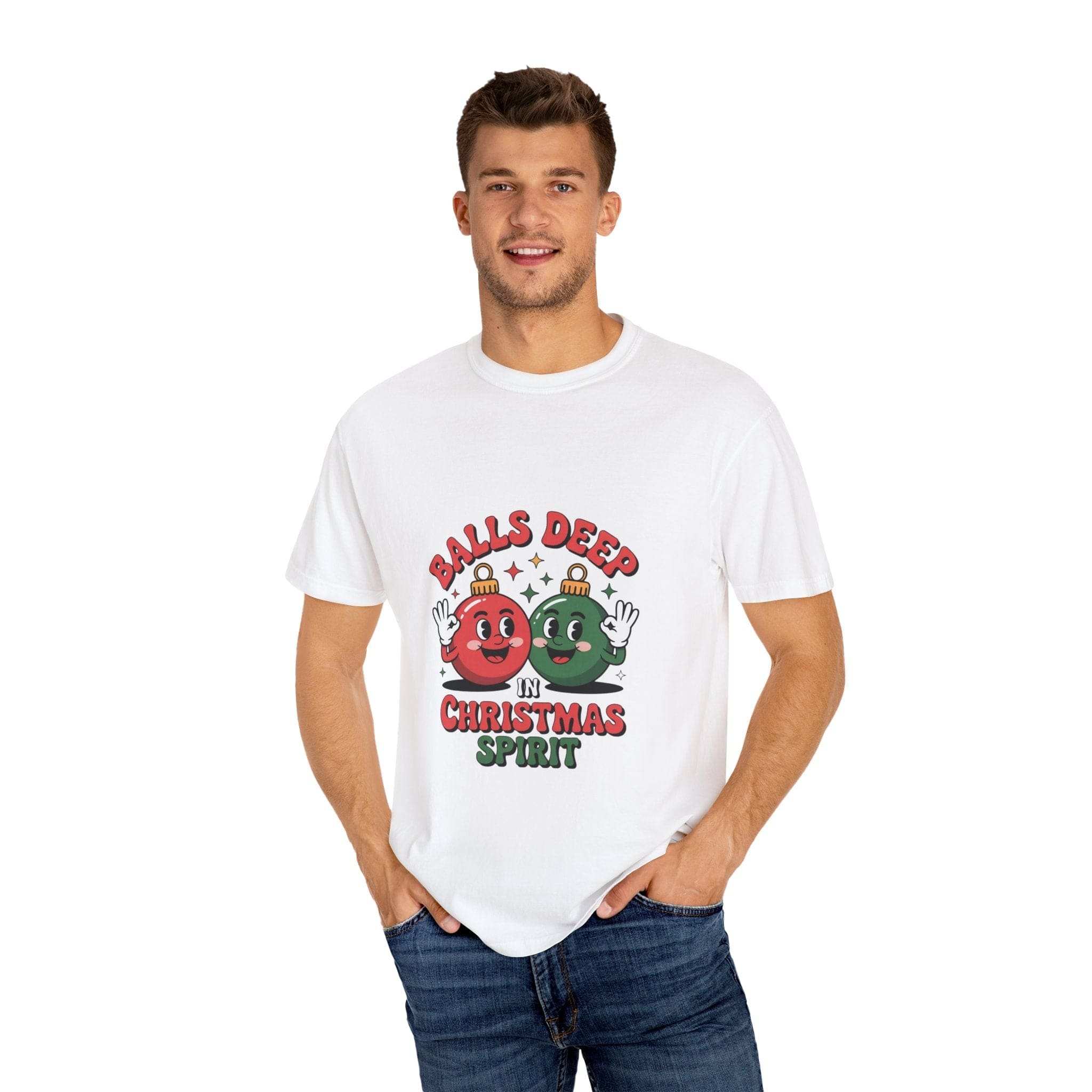 Man wearing white Christmas Spirit T-shirt with humorous Balls Deep in Christmas Spirit design