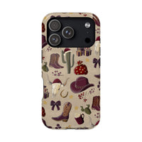 Cowboy Christmas design phone case for iPhone 17 in glossy finish by Printify, featuring festive colors and patterns.