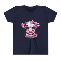 Navy blue t-shirt with a cow design featuring a pink bow and flowers on a white background