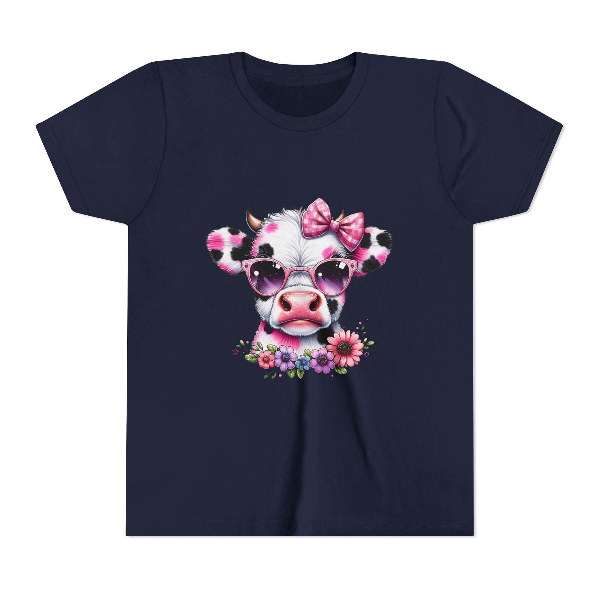 Navy blue t-shirt with a cow design featuring a pink bow and flowers on a white background