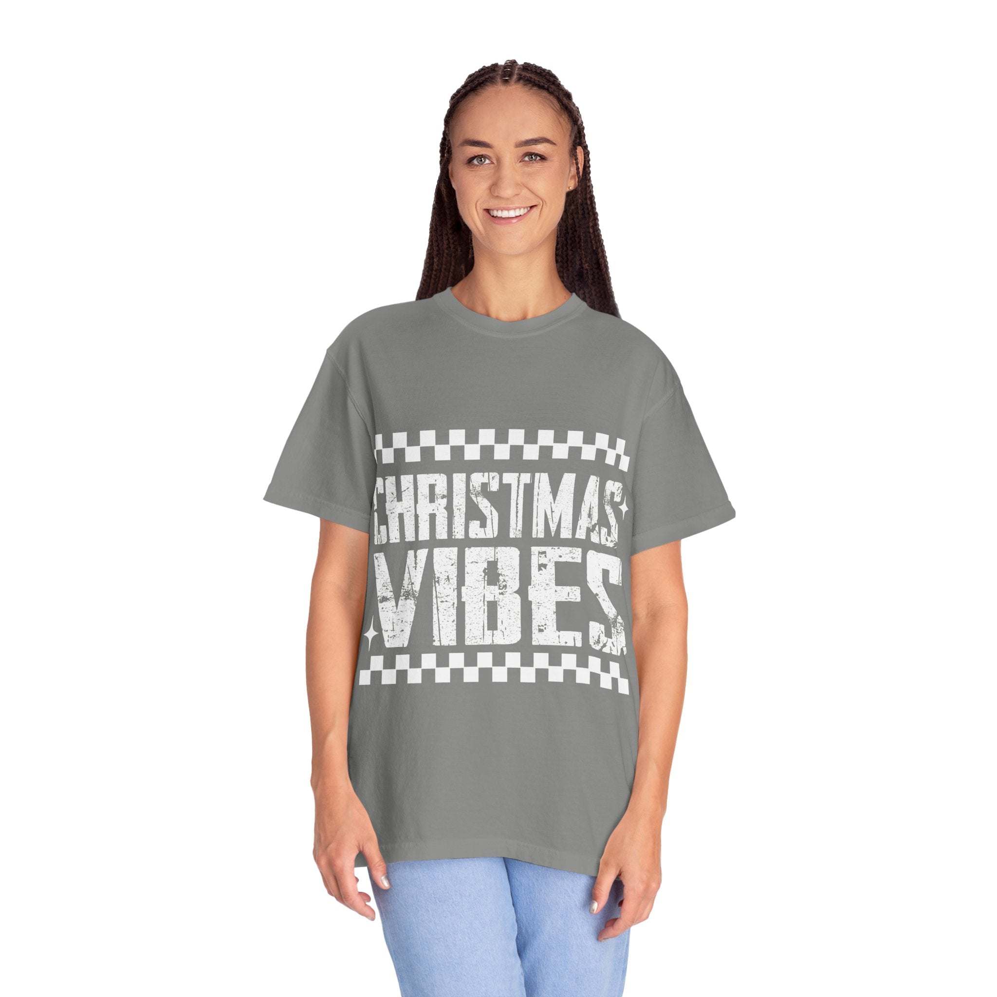 Distressed Christmas Vibes T-Shirt with vintage faded holiday graphics and soft garment-dyed fabric
