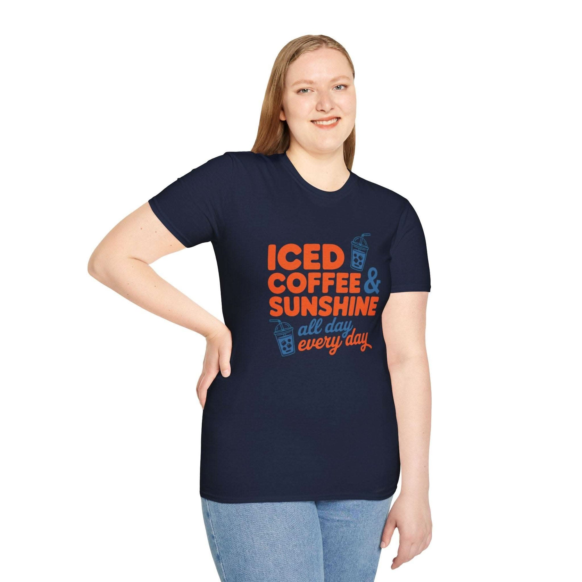 Lightweight casual t-shirt with "Iced Coffee & Sunshine" print and iced-cup graphics, perfect for sunny summer days