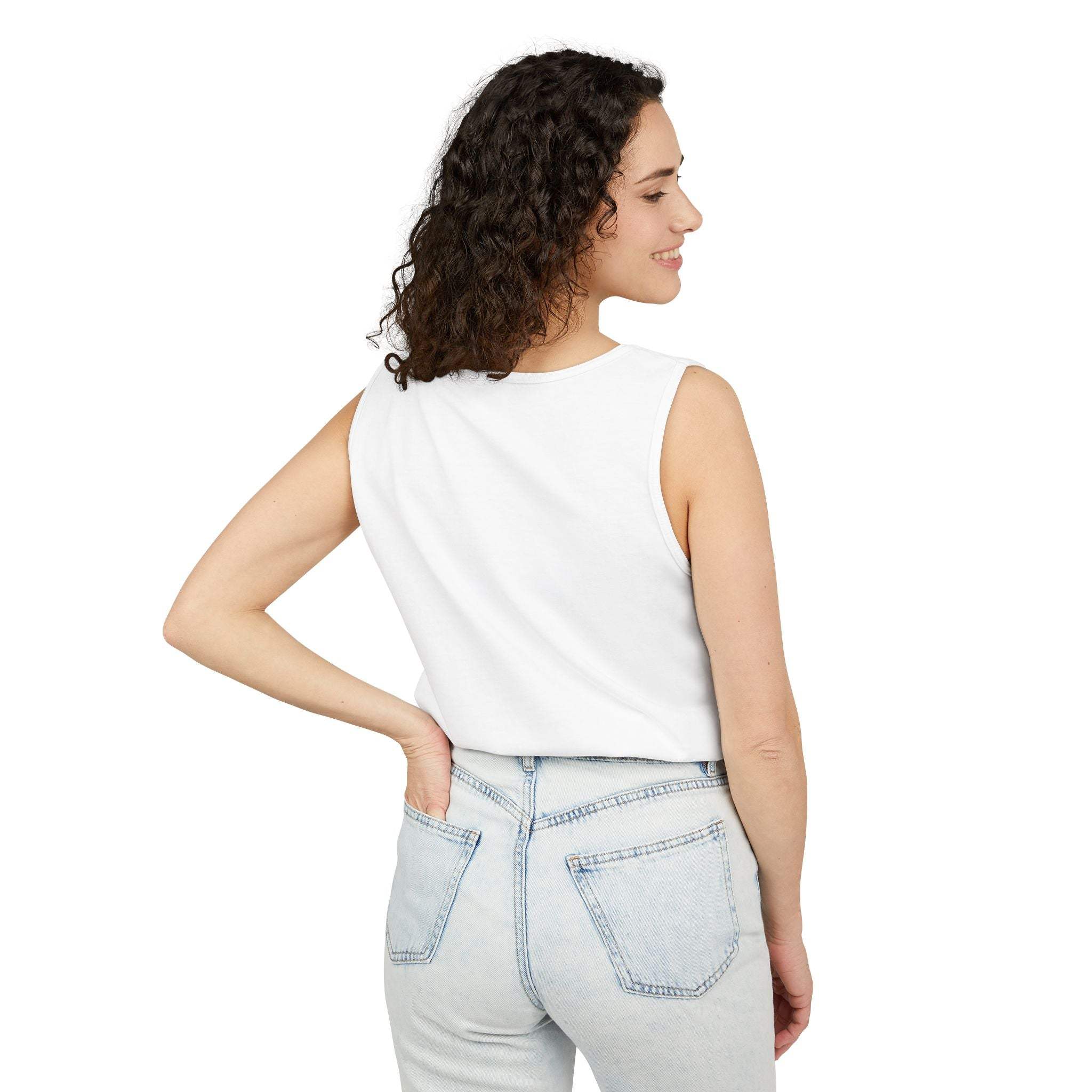 Woman wearing white sleeveless tank top from the back with casual light blue jeans