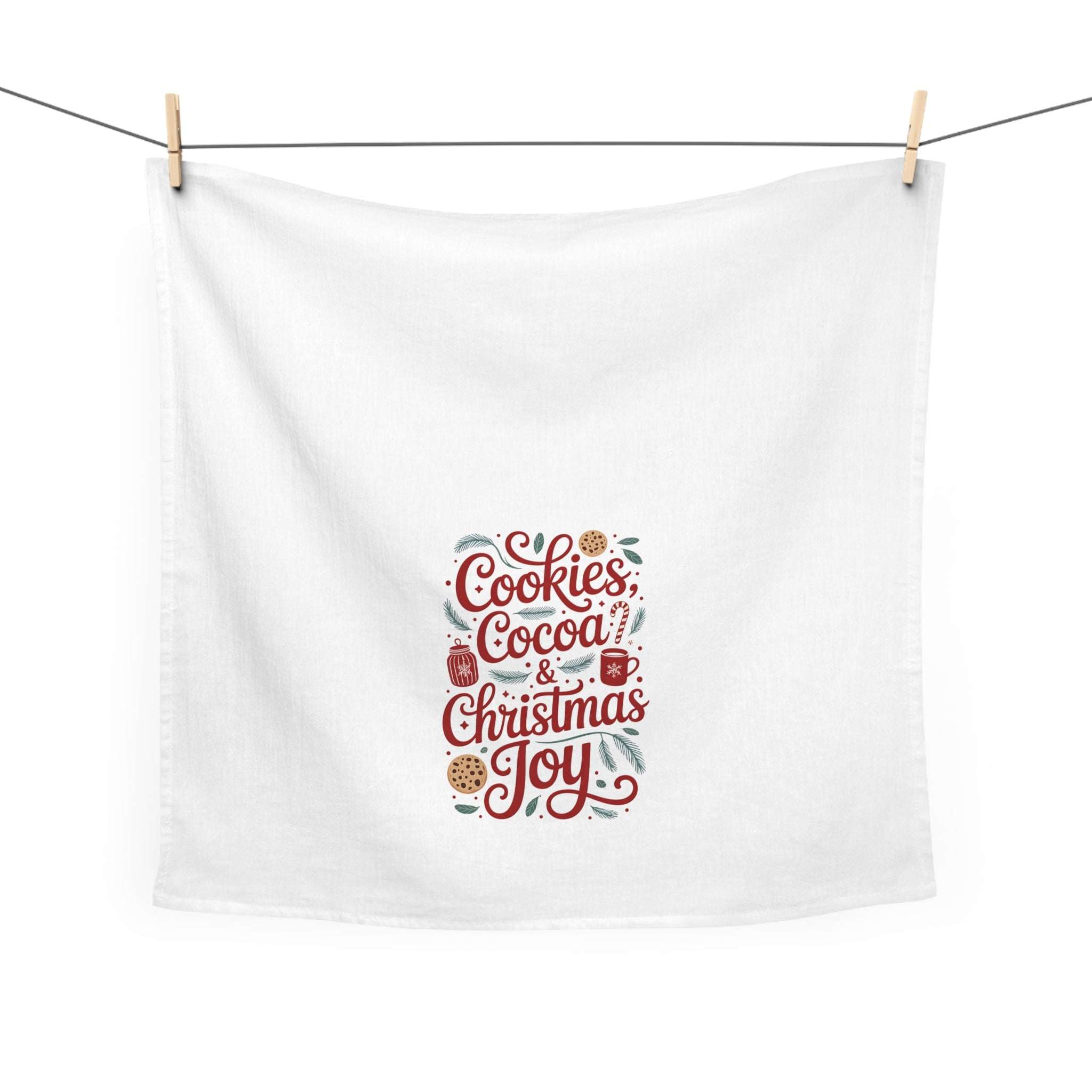 White cotton tea towel with Cookies, Cocoa, and Christmas Joy festive design in red and brown lettering