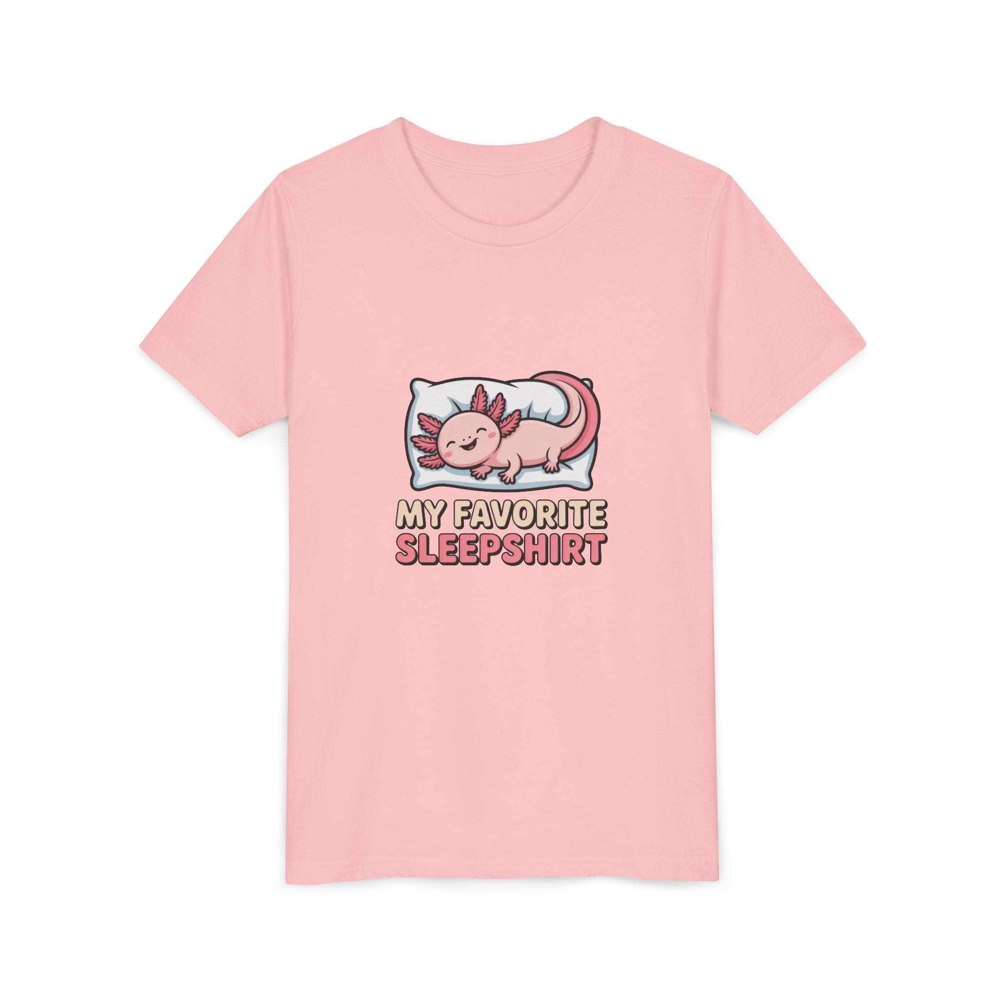 Pink t-shirt with axolotl graphic and text 'My Favorite Sleepshirt' on a white background