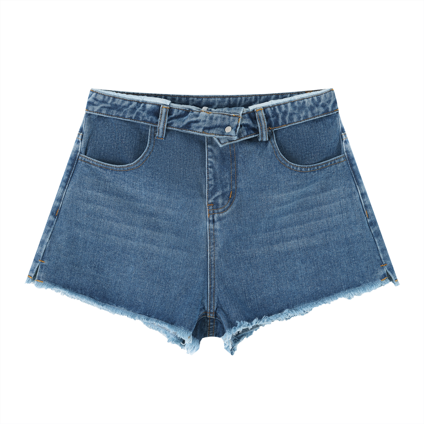 Women’s vintage wash high rise denim shorts with raw edge hem and zip fly closure