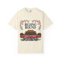 White travel t-shirt featuring 'Beijing Bound' text, soft cotton fabric, from Printify, size S.