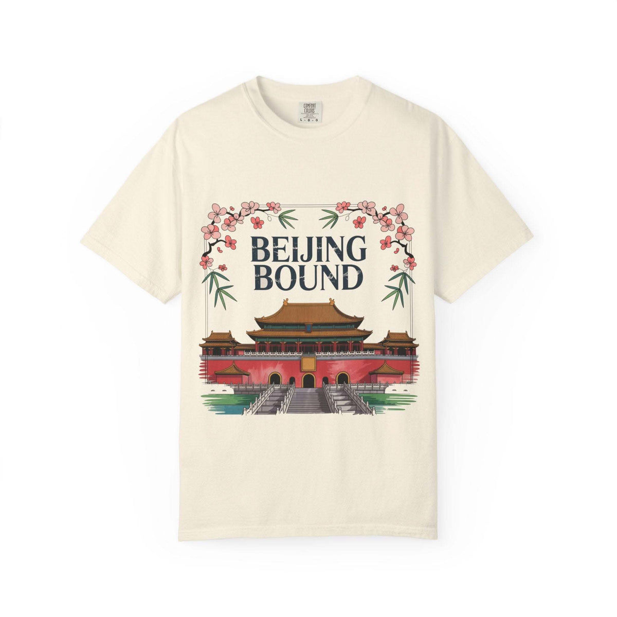 White travel t-shirt featuring 'Beijing Bound' text, soft cotton fabric, from Printify, size S.