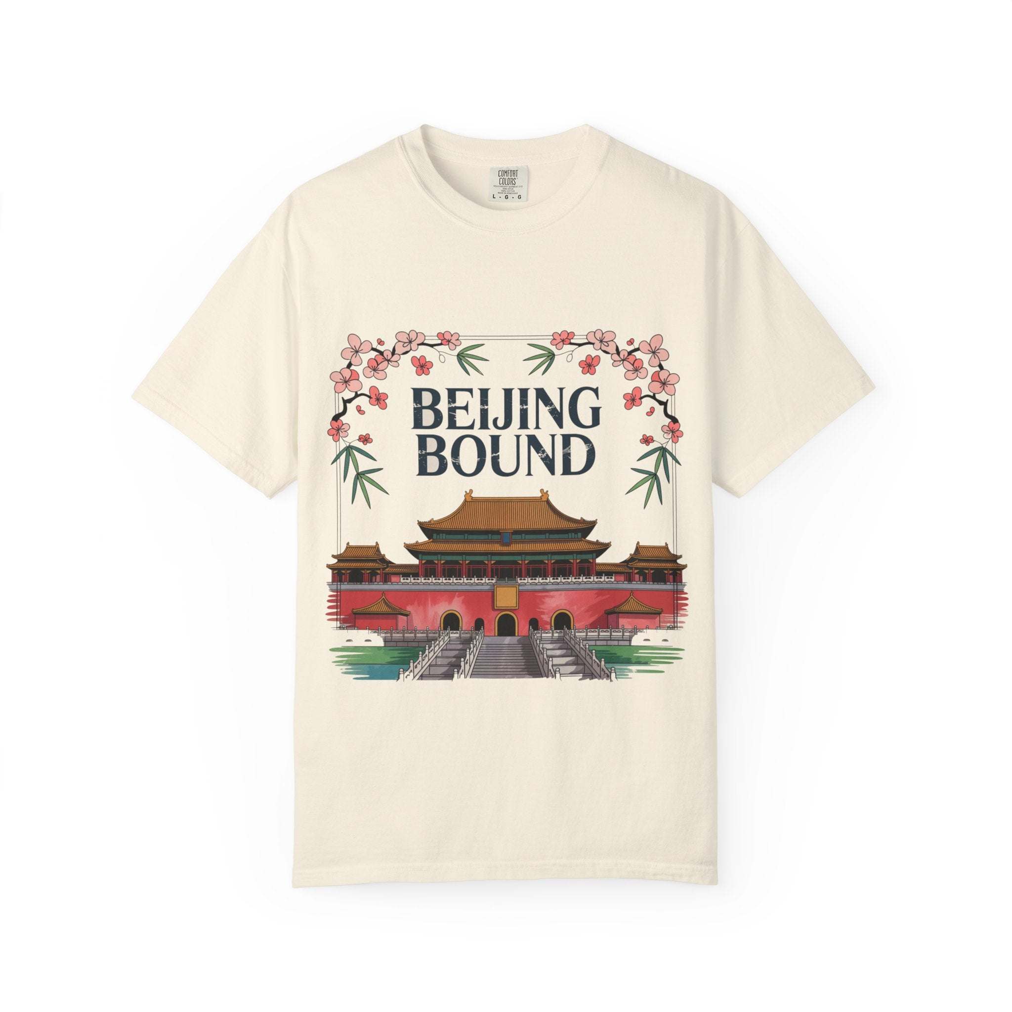 White travel t-shirt featuring 'Beijing Bound' text, soft cotton fabric, from Printify, size S.